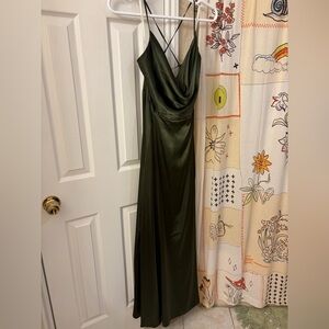 David’s Bridal Galina Signature - Martini Olive Satin Cowl Dress w/ Lace Up Back